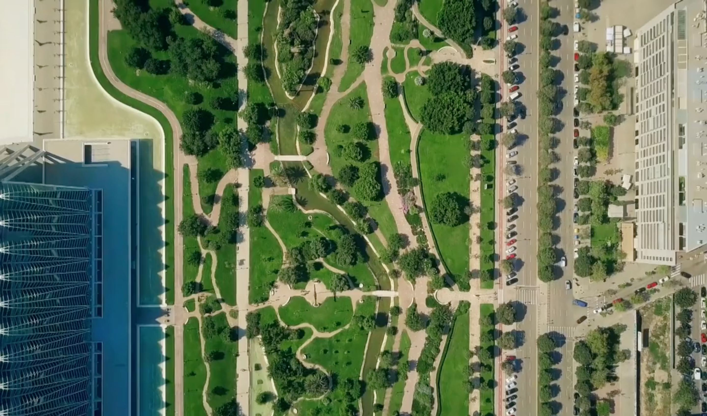 Aerial view of parklands and building