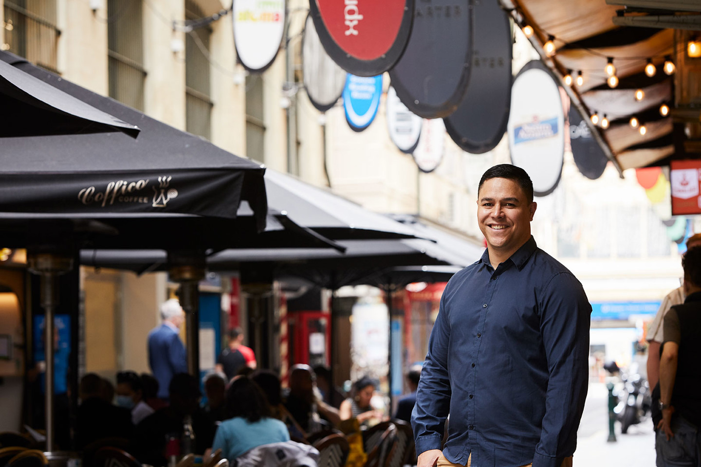 Tane Kingi, RPS Melbourne General Manager of Buildings and Property is standing in Degraves Street in Melbourne CBD.