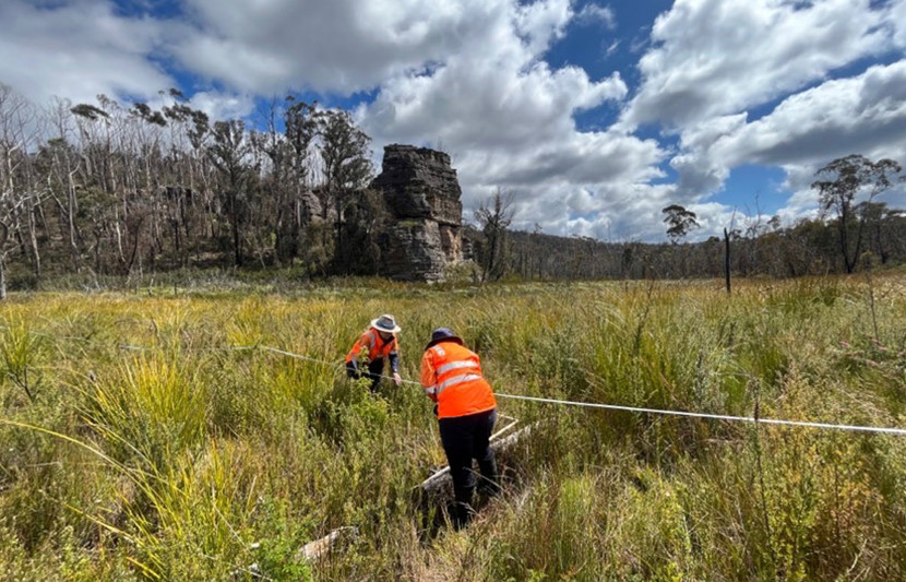 Two female ecologists in the field, both wearing orange high-vis and hats, surrounded by bush and mountains. 