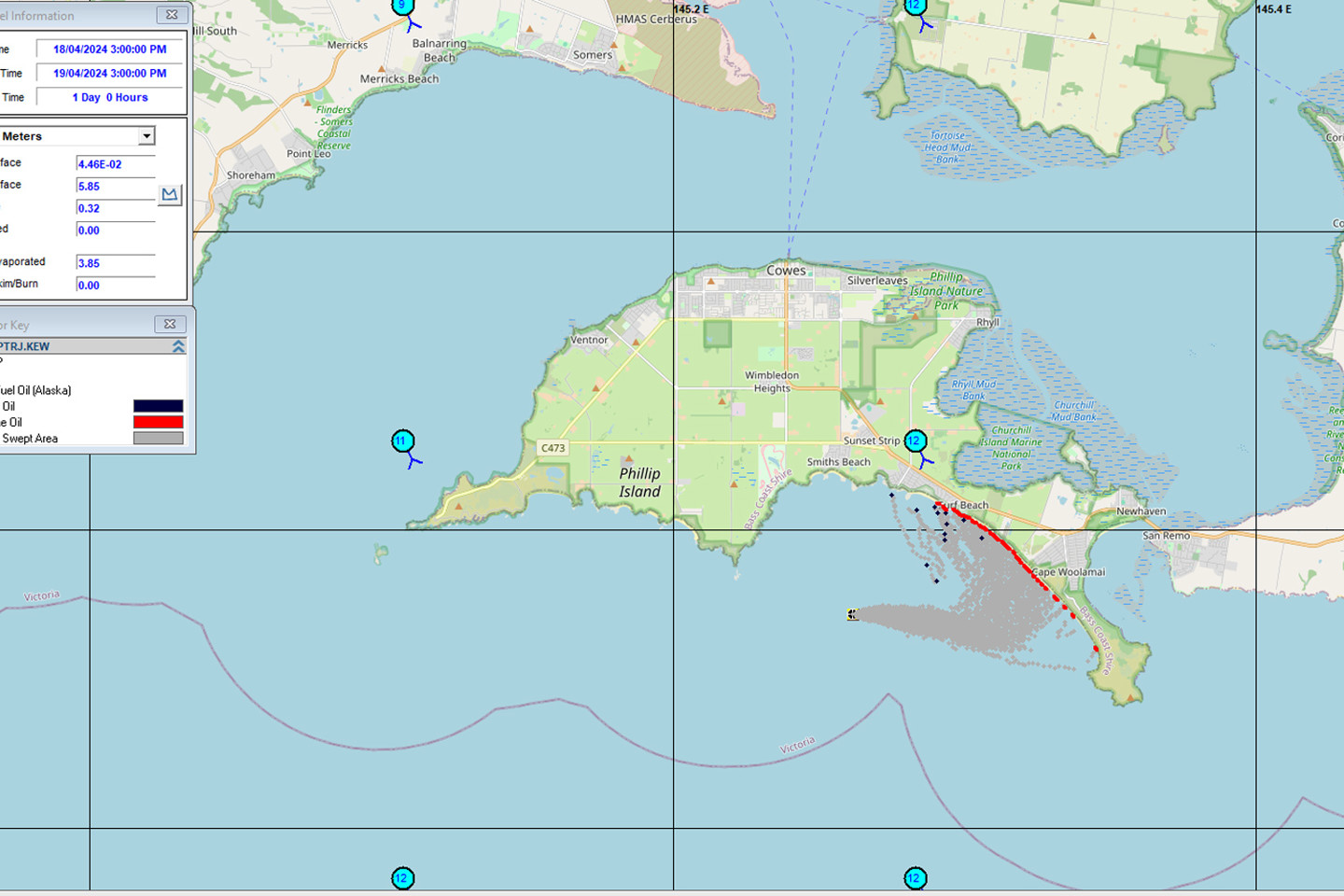 A visual representation of a oil spill being tracked via Oilmap,  a web based system for modelling oil releases. 